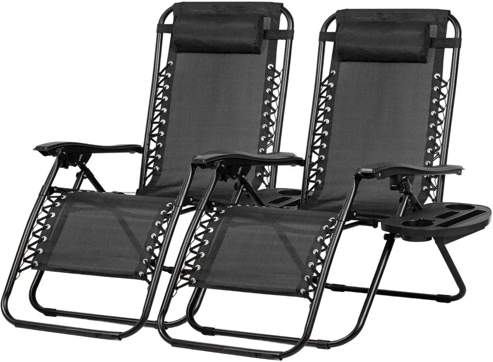Set of 2 Relaxing Recliners Patio Chairs Adjustable Steel Mesh Zero Gravity Lounge Chair Beach Chairs with Pillow and Cup Holder