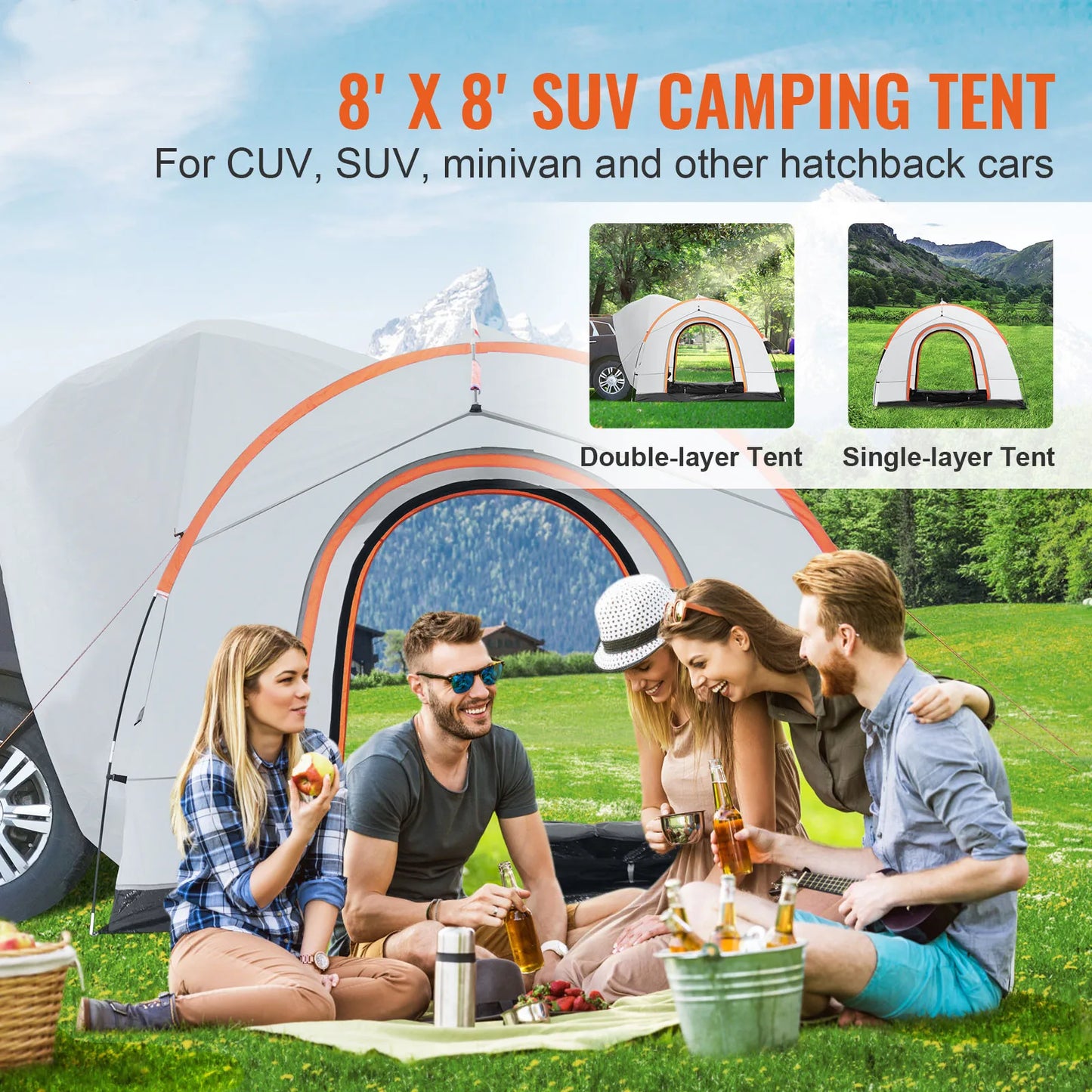 SucceBuy SUV Camping Tent 8'-8' SUV Tent Attachment for Camping with Rain Layer and Carry Bag PU2000mm Double Layer Truck Tent