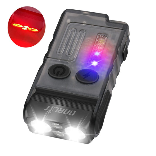 BORUiT V20 Keychain EDC LED Flashlight Head Swivels Type-C Rechargeable Magnet Torch Buzzer Work Light with Clip Magnet Lantern