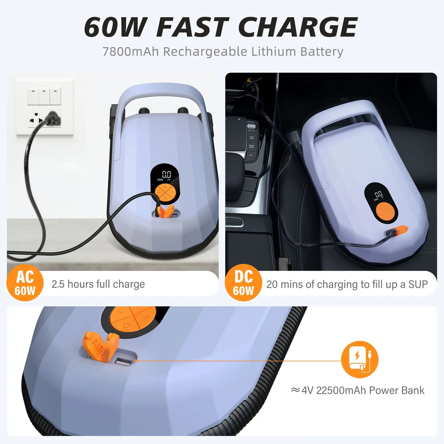 AIRBANK SUP Electric Air Pump with Battery 7800 mAh 20 PSI Max Rechargeable 12 V DC Car Connection Pump for Boards, Surf Kite