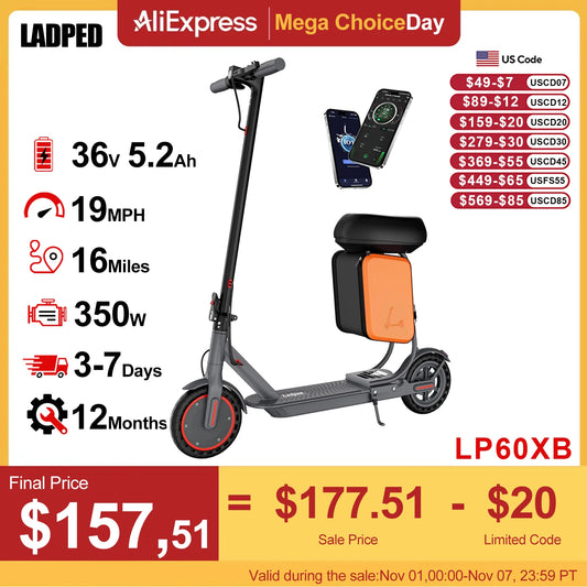 LADPED Electric Scooter 350W Motor 36V 5.2Ah Battery app Control 19mph Max Speed Up to 16miles Range Foldable Scooter with Seat
