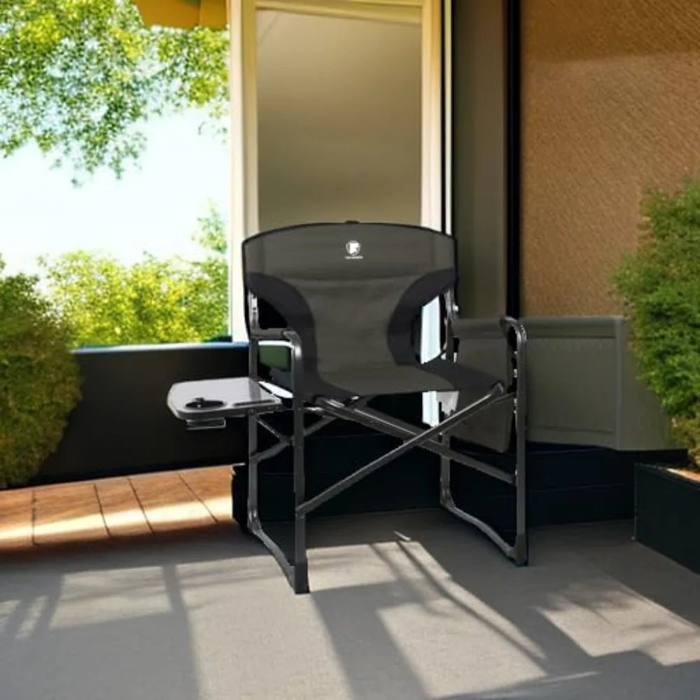 Lightweight Folding Directors Chairs Outdoor, Aluminum Camping Chair with Side Table and Storage Pouch, Heavy Duty Supports 350