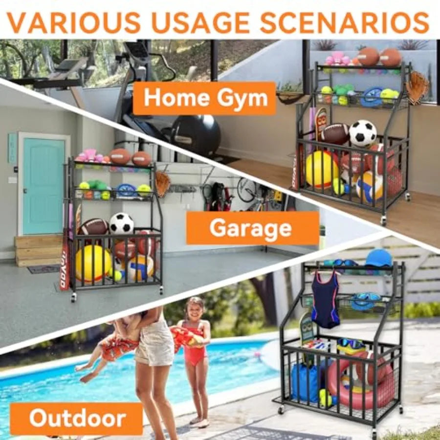 Sports Equipment Garage OrganizerSports Ball Organizer with Basket Hooks and Wheels Ball Storage Rack for Football Basketball S