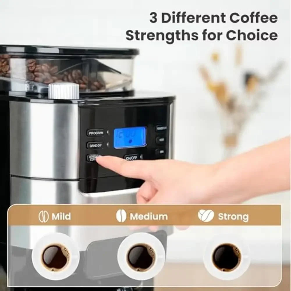10-Cup Drip Coffee Maker Built-in Grinder Timer Reusable Filter 1.5L Water Tank Home Office Camping Gift Easy Operate Variety
