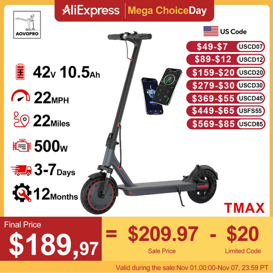 AOVOPRO TMAX 10inch Electric Scooter 500W 22MPH Adult APP Smart Scooter Shock-absorbing Anti-skid Folding Electric Scooter